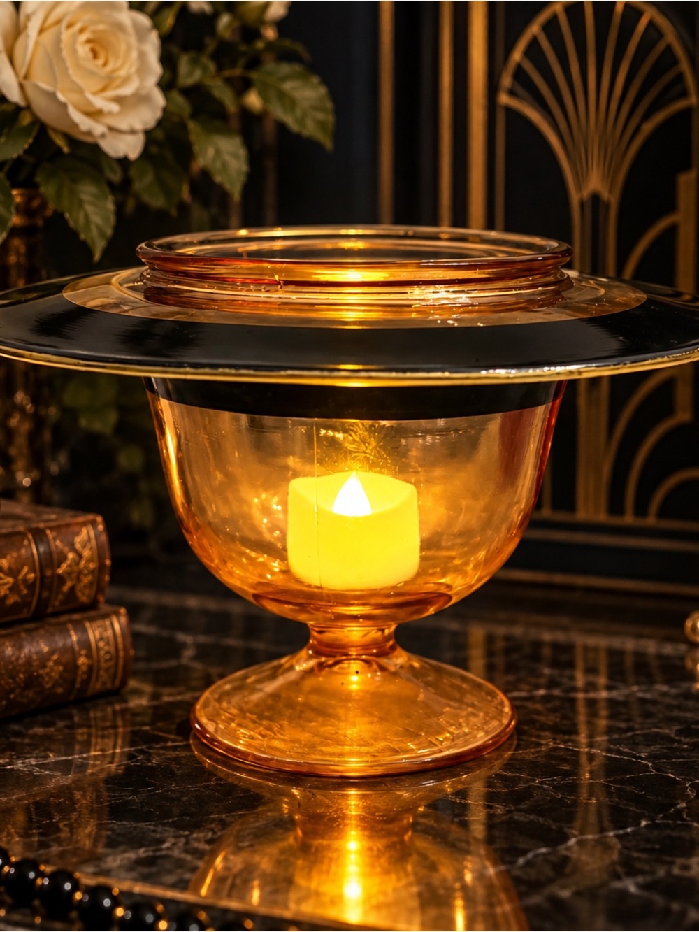Vintage Amber Glass Black & Gold Floral Fairy Lamp – Cup & Plate